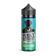 A bottle of Peeky Blenders 100ML Vape Juice with a 'Tommy Gun' menthol flavor theme, featuring a label with a man's face and a blue cap.